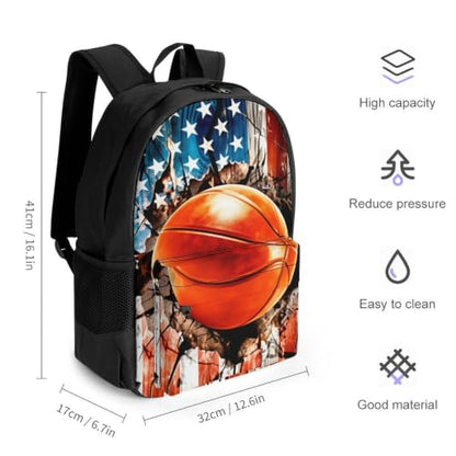 Basketball American Flag Backpack, Durable Polyester Daypack with Laptop Compartment, Reinforced Bottom, Adjustable Shoulder Straps And Multi Pockets for Travel And Daily Use - color: Basketball American Flag