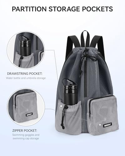 WANDF Swim Bag for Swimmers, Mesh Beach Backpack - color: Grey With 2 Front Pockets, size: Large