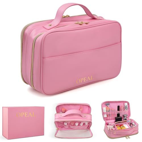 2-in-1 Travel Makeup and TSA Toiletry Organizer for Women – Flexible Compartments, Clear TSA Window, Wipe Clean Vegan Leather, Gift Box Included – Carry-On Approved, Cream - color: Pink