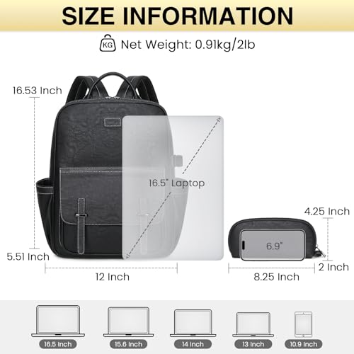 Vegan Leather Laptop Backpack for Women Designer 15.6 Inch PU Laptop Bag, Ladies Travel Computer Work Backpack - color: Black