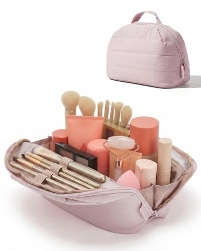BAGSMART Travel Makeup Bag for Women, Portable Fold-down Cosmetic Case, Puffy Padded Make Up Organizer Pouch, Water-resistant Toiletry Bag for Toiletries, Brushes (Baby Pink) - color: Baby Pink