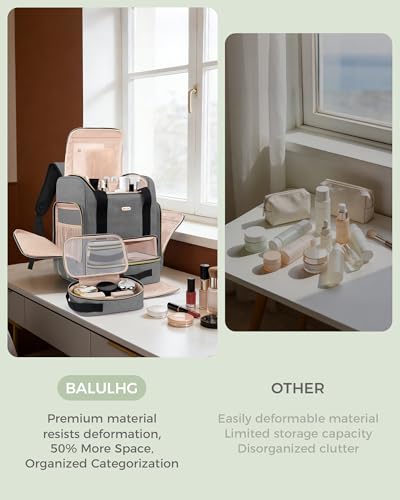 BALULHG Large Portable Travel Makeup Bag with 3 Removable Transparent Case, Dual-Shoulder Multi-Functional Cosmetic Bag,Double Layer Big Capacity Makeup Bag Backpack, Patent Pending - color: Grey