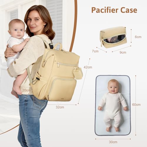 Lekesky Large Diaper Backpack with 16 Pockets, 1.52Lb Lightweight Durable Baby Bag, with Foldable Changing Pad & Pacifier Case, Anti-theft Pocket, Wipes Pocket, Easy to Clean, Khaki - color: Khaki