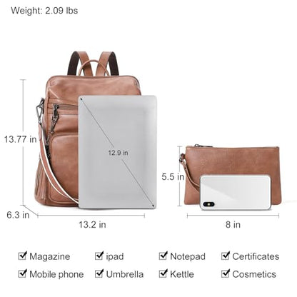 CLUCI Womens Backpack Purse Leather Backpack Large Fashion Designer Travel Ladies Shoulder Bags with Wristlet 2PCS - color: 0-1 Brown 2pcs