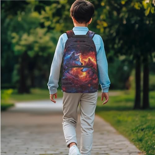 JEOCODY Cool Fire Wolf Kids Bookbag School Backpack with Lunch Box for Girls, Boys Backpack with Water Bottle Holder and Pencil Case Set of 4 School Supplies Organizer - color: Cool Fire Wolf Printedd