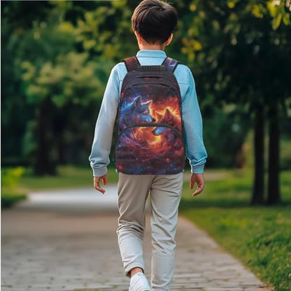 JEOCODY Cool Fire Wolf Kids Bookbag School Backpack with Lunch Box for Girls, Boys Backpack with Water Bottle Holder and Pencil Case Set of 4 School Supplies Organizer - color: Cool Fire Wolf Printedd