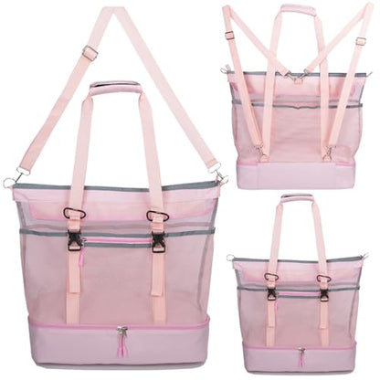 Mesh Beach Bag with Cooler Large Travel Family Vacation Essentials Pool Swimming Zipper Pocket Durable 9 Pockets - color: Pink