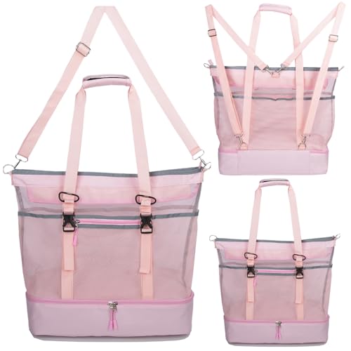 Mesh Beach Bag with Cooler Large Travel Family Vacation Essentials Pool Swimming Zipper Pocket Durable 9 Pockets - color: Pink