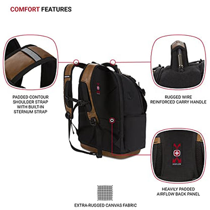 SwissGear Tool Bag Backpack, Fits Up to 17-Inch Laptop, Work Pack PRO, Black/Brown Canvas - color: Black/Brown Canvas, size: Large