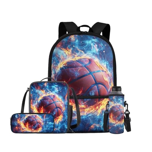 Fire Basketball Backpack for School Boys Backpack with Lunch Box Water Bottle Holder and Big Pencil Case 4PCS Bookbag with Front Pocket 17 inch Lightweight School Bag with Side Pocket for Kids - color: Fire Basketball-4