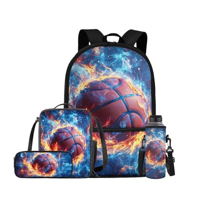 Fire Basketball Backpack for School Boys Backpack with Lunch Box Water Bottle Holder and Big Pencil Case 4PCS Bookbag with Front Pocket 17 inch Lightweight School Bag with Side Pocket for Kids - color: Fire Basketball-4