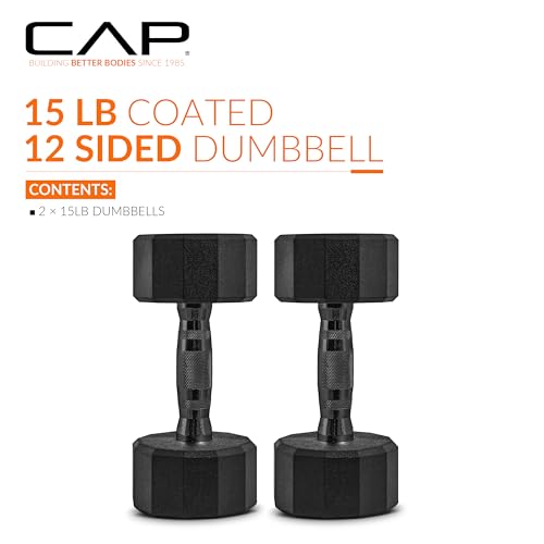 CAP Barbell Coated Dumbbell Weight | Multiple Options Pairs & Sets - size: 15 lb - Pair, style: 12-Sided - Black Handle