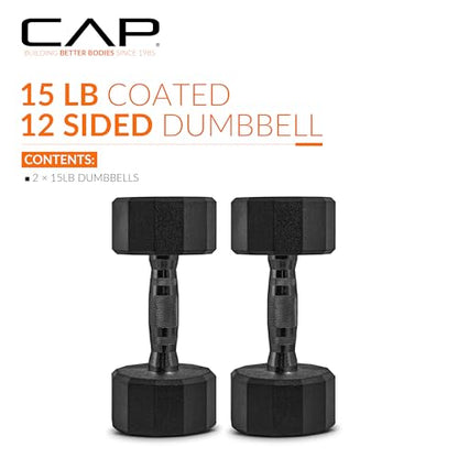 CAP Barbell Coated Dumbbell Weight | Multiple Options Pairs & Sets - size: 15 lb - Pair, style: 12-Sided - Black Handle
