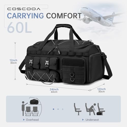Gym Bags for Men with Shoe Compartment 60L Tactical Duffle Bag 3 in 1 Carry on Duffel Bag Travel Backpack Weekender Overnight Range Bag for Workout Football, Black - size: 60L