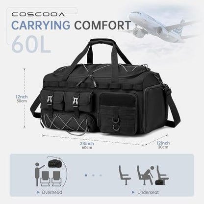 Gym Bags for Men with Shoe Compartment 60L Tactical Duffle Bag 3 in 1 Carry on Duffel Bag Travel Backpack Weekender Overnight Range Bag for Workout Football, Black - size: 60L