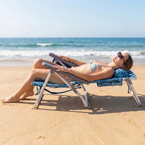 COSTWAY Portable Folding Backpack Beach Chairs Set of 2 with 5-Position Backrest, Padded Headrest, Cup Holder & Ice Bag for Lawn, Poolside (Tropical Leaf) - color: Tropical Leaf