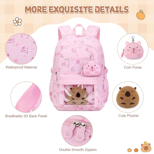 Capybara Theme Backpack for School Girls, 35PCS Kids Backpack Set with School Supplies Stationery Kit Lunch Box Pencil Case, Cute Girls Bookbag for Kindergarten Elementary Student - color: Pink