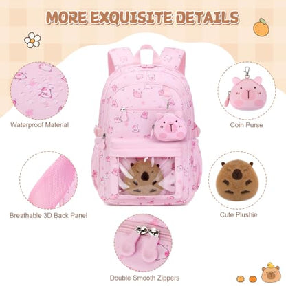 Capybara Theme Backpack for School Girls, 35PCS Kids Backpack Set with School Supplies Stationery Kit Lunch Box Pencil Case, Cute Girls Bookbag for Kindergarten Elementary Student - color: Pink