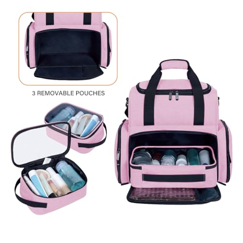 Large Makeup Cosmetic Bag with 3 Removable Case and 2 Removable Dividers Double Layer Travel Storage Organizer, Makeup Brushes Storage Section Pink - color: Pink