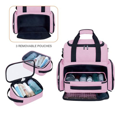 Large Makeup Cosmetic Bag with 3 Removable Case and 2 Removable Dividers Double Layer Travel Storage Organizer, Makeup Brushes Storage Section Pink - color: Pink