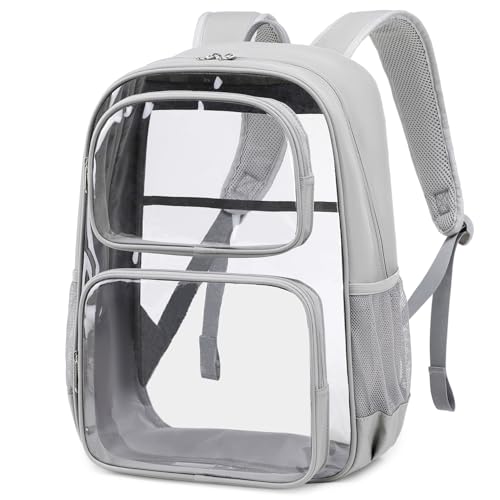 Sisipoet Clear Backpack for School, Heavy Duty PVC Transparent Backpack with Oxford Fabric Side Panels, Large Clear Bookbag for Teens Students Women Men, Grey - color: Grey