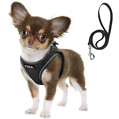 Fida Comfy Dog Harness with Leash, Soft Puppy Vest Escape Proof, Breathable Lightweight Soft Mesh, Adjustable Reflective Step-in Harness for Cat & Extra-Small Pet (XS, Black) - color: Black, size: XS (Neck:12.2"-13"; Girth:14.2"-16.1")