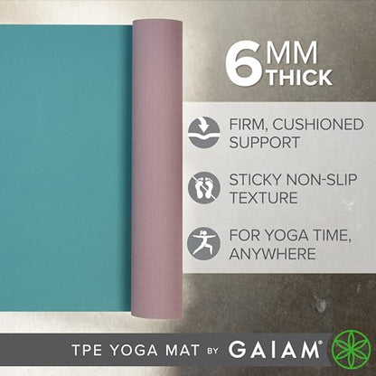 Gaiam TPE Yoga Mat — 6mm Thick, Dual-Texture Non-Slip Surface, Sweat-Resistant & Eco-Friendly | Hot Yoga, Pilates & Floor Workouts | 68" x 24"