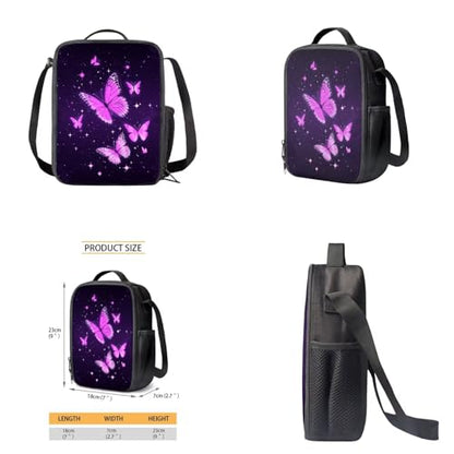 Aesthetic Butterfly Backpack for Girls Kids Backpack with Lunch Box Water Bottle Carrier with Strap and Big Pencil Case 4PCS Set Bookbag with Front Pocket for School 17" Lightweight School Bag - color: Aesthetic Purple Butterfly
