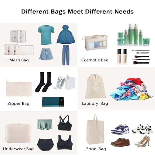 8 Set Packing Cubes for Suitcases, INVODA Travel Luggage Packing Organizers with Laundry Bag, Compression Storage Shoe Bag, Clothing Underwear Bag (Beige) - color: Beige
