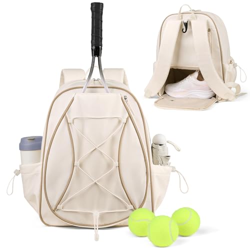Marvolia Tennis Bags for Women Men, Tennis Backpack Holds 2 Rackets with Ventilated Shoe Compartment & Wet Pocket, Tennis Racket Bag Backpack for Pickleball Tennis Badminton - color: White