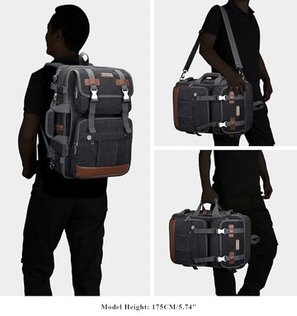 WITZMAN Canvas Travel Backpack for Men Large Laptop Backpack Fit 16 inch Carry-on Airline Approved Convertible Shoulder Rucksack(A6617-3 Black) - color: Black