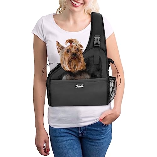 SlowTon Pet Dog Sling Carrier, Hands Free Hard Bottom Papoose Small Animal Puppy Up to 6 lbs Travel Bag Tote Breathable Mesh Support Adjustable Padded Strap Pocket Safety Belt(Widened Black) - color: Black