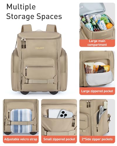 TOURIT Insulated Rolling Cooler Backpack, Leakproof Waterproof Beach Cooler Bag with Wheels and Handle, Outdoor Camping Picnic Travel - color: 01-Brown, style: 36 Cans