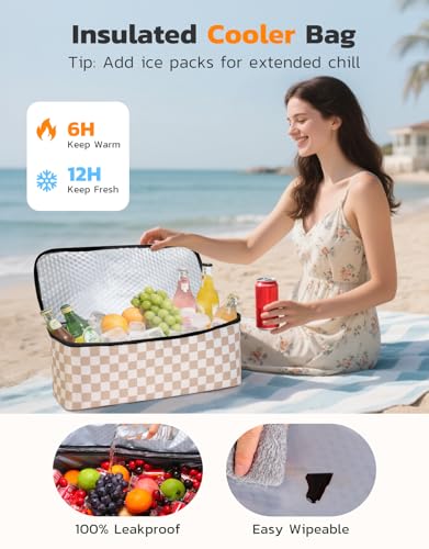 ISEYOU Beach Bag and Cooler Bag Set, 45L Waterproof XXL Foldable Tote with Zipper, 8 Pockets for Pool, Picnic, Travel - color: Brown