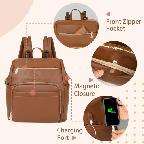 Omanmoli Diaper Bag Backpack Leather Large Baby Diaper Bag Essentials With 18 Organizing Pockets,6 Insulated Pockets,USB Charging Port,Stroller Straps,Changing Pad (Brown) - color: Brown