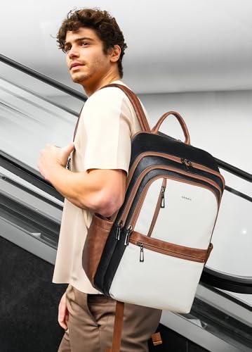 Shrrie Leather 17 inch Laptop Backpack for Women, Large Travel Backpack Purse for Casual Daypack College Work Bag - color: Black With Brown and White