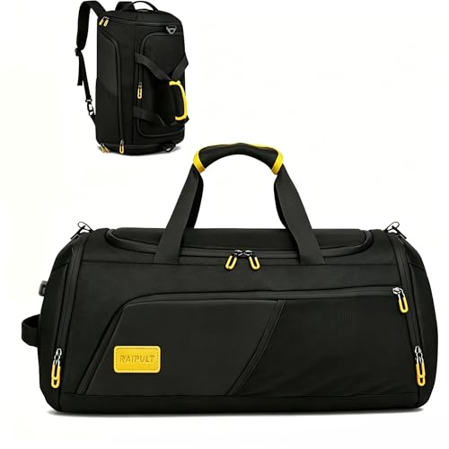 Raipult Gym Duffle Bag for Men Women, Travel Duffel Bag Backpack with Shoe Compartment & Wet Pocket, 50L Waterproof Sports Overnight Weekender Bag with USB Port, Black