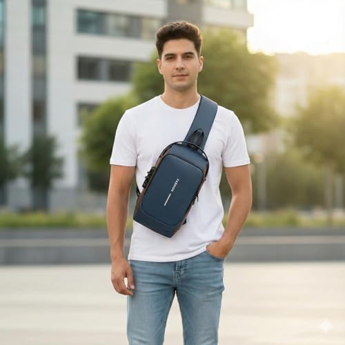 Unisex Anti-Theft Sling Bag with USB Port, Water-Resistant Crossbody Chest Backpack for Travel & Work - color: Blue & Golden