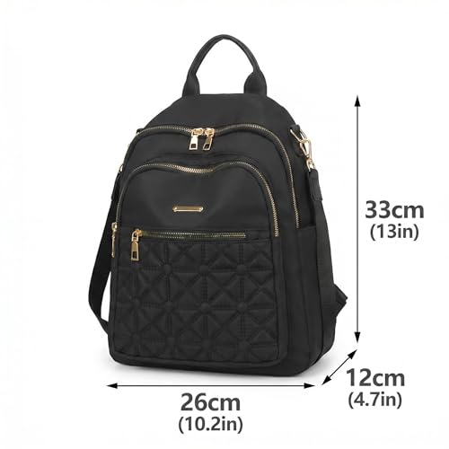 Small Nylon Women Backpack Purse, Lightweight Casual Mini Shoulder Satchel Tote Bag, 13 Inch Stylish Quilted Daypack Crossbody Bag for Daily Travel Commute, Black