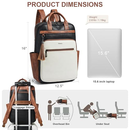 Shrrie Laptop Backpack for Women 15.6 inch Travel Leather Backpack Purse Work Computer Backpacks for Business College Black With Brown and White - color: Black With Brown and White