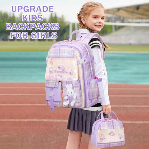 FIXITOK Girls Backpack Set, 3PCS Kids Backpack for Girls, Kawaii Bunny School Backpacks for Girl Kindergarten Elementary Preschool Middle School Bags with Lunch Box Pencil Case Purple-Plaid - color: Purple-plaid