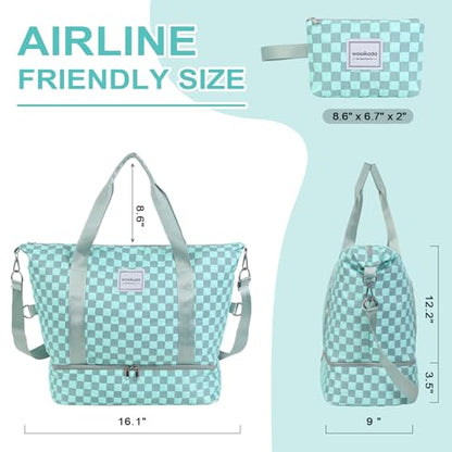 WOOMADA Weekender Bag for Women, Travel Duffel Bags with Shoe Compartment & Wet Pocket, Personal Item Bag for Airlines - color: Brown Checkerboard