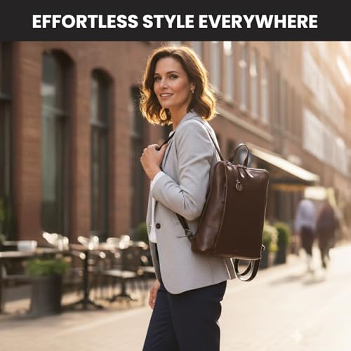 12.5 Inch Genuine Leather Backpack for Women and Men, Brown Leather Backpack with Adjustable Shoulder Strap - color: Brown