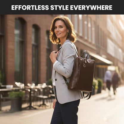 12.5 Inch Genuine Leather Backpack for Women and Men, Brown Leather Backpack with Adjustable Shoulder Strap - color: Brown