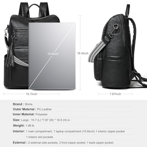 Shrrie 15.6 inch Laptop Backpack for Women,Large Leather Backpack Purse,Travel,Carry on,Water Resistant Casual Laptop Backpacks,College Backpack,Work Backpack for Women,Two-tone Black - color: Two-tone Black
