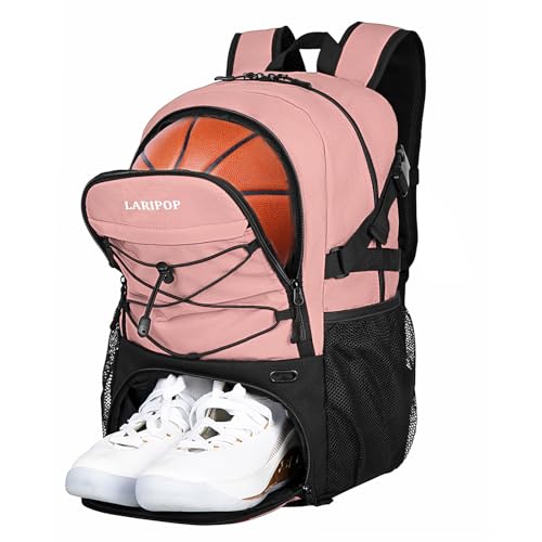 LARIPOP Basketball Backpack with Ball Compartment - Ventilated Shoe Pocket Fits US Size 15, Water Resistant 30L Sports Bag for Men Women Teen Athletes Practice Travel - color: Flesh Pink