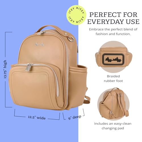 Itzy Ritzy Mini Diaper Bag Backpack – Chic, Compact Mini Plus Backpack with Changing Pad, 10 Pockets (6 Internal, 4 External), Grab-Top Handle & Rubber Feet (Chai) - color: Chai - Plus