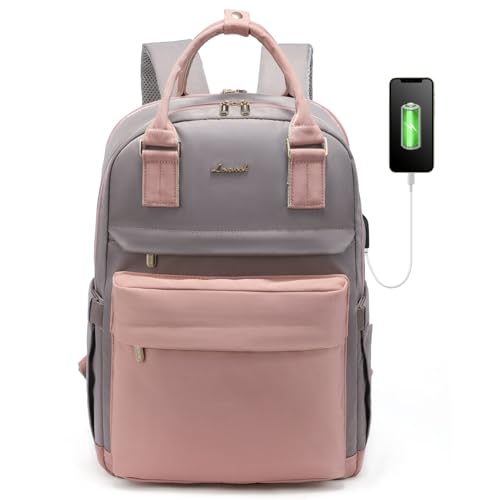 LOVEVOOK Backpack purse for Women, 15 Inch Laptop backpack Cute Waterproof Backpacks Stylish Travel Bags Vintage Daypacks for College Work Party - color: Pink & Grey, size: 15 Inch