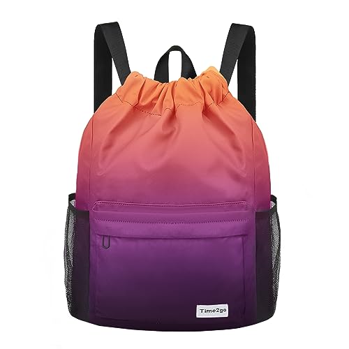 Drawstring Backpack Sports Gym Sackpack with Mesh Pockets Water-Resistant String Cinch Beach Bag for Men Women(Orange Purple) - color: Orange Purple