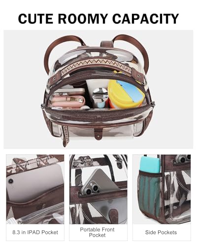FADEON Clear Small Backpack Purse for Women, Designer Transparent Shoulder Handbag, PVC Mini Clear Bag for Stadium Approved - color: Coffee Brown Retro Style